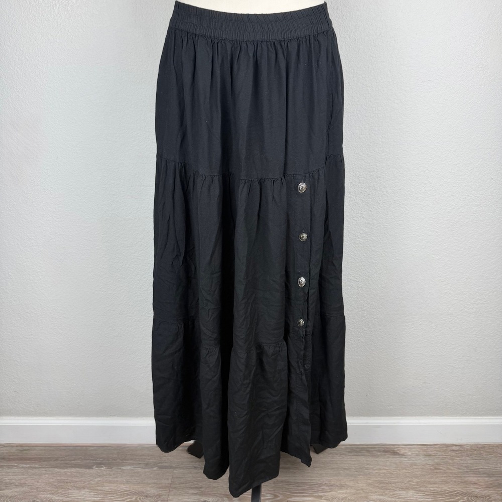 VTG Crazy Cowgirl Black Tiered Maxi Skirt Concho Buttons Western Boho Size Large